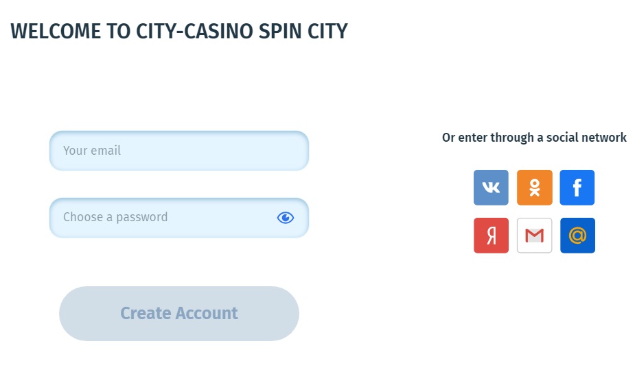 регистрация на сайте казино Spin City