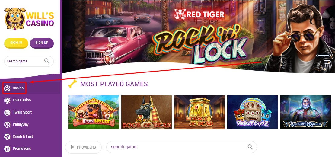 Вкладка Casino на главной странице сайта